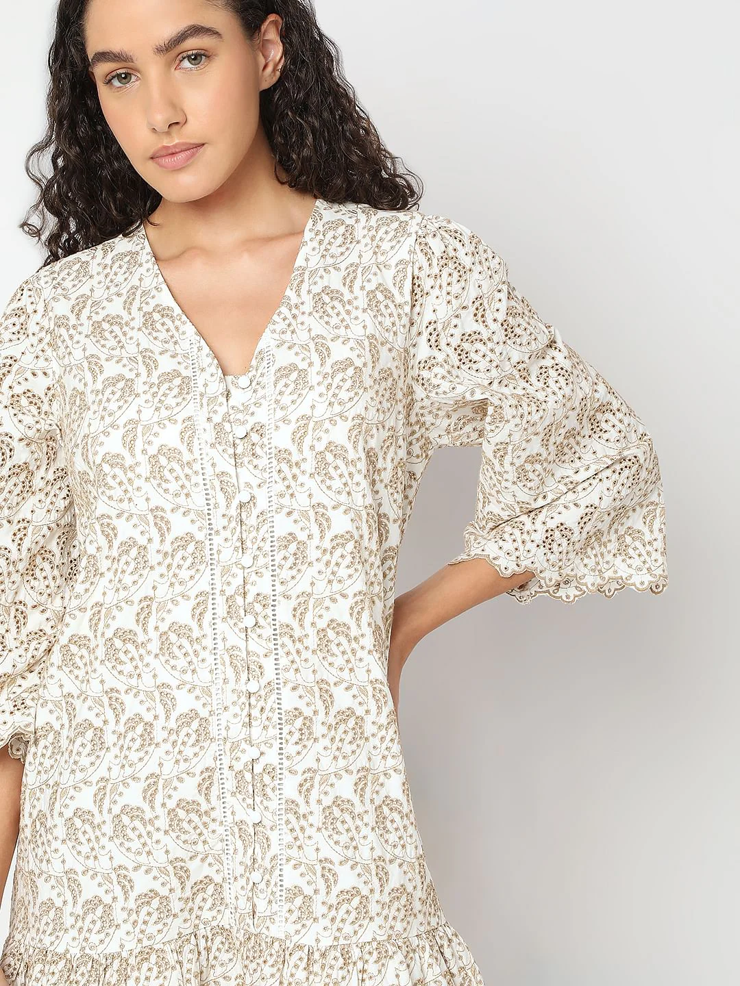 Beige Printed Short Dress - Image 6