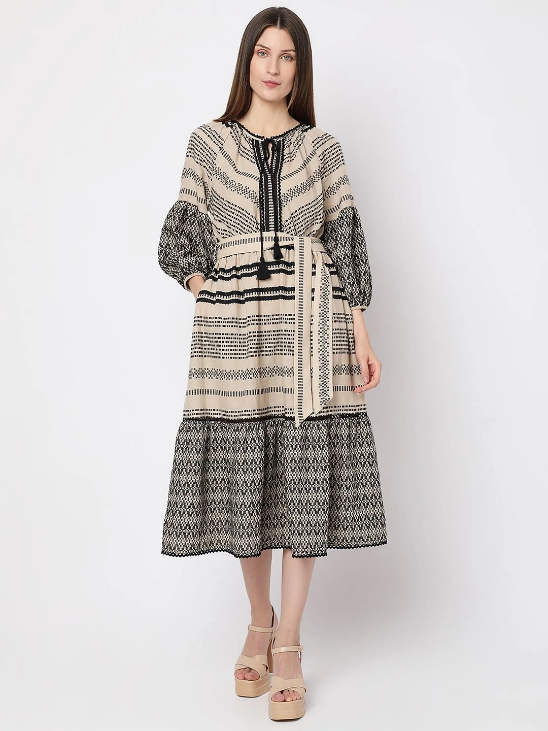 Beige Printed Cotton Midi Dress - Image 2