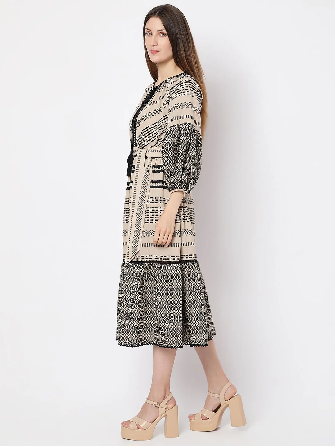 Beige Printed Cotton Midi Dress - Image 3