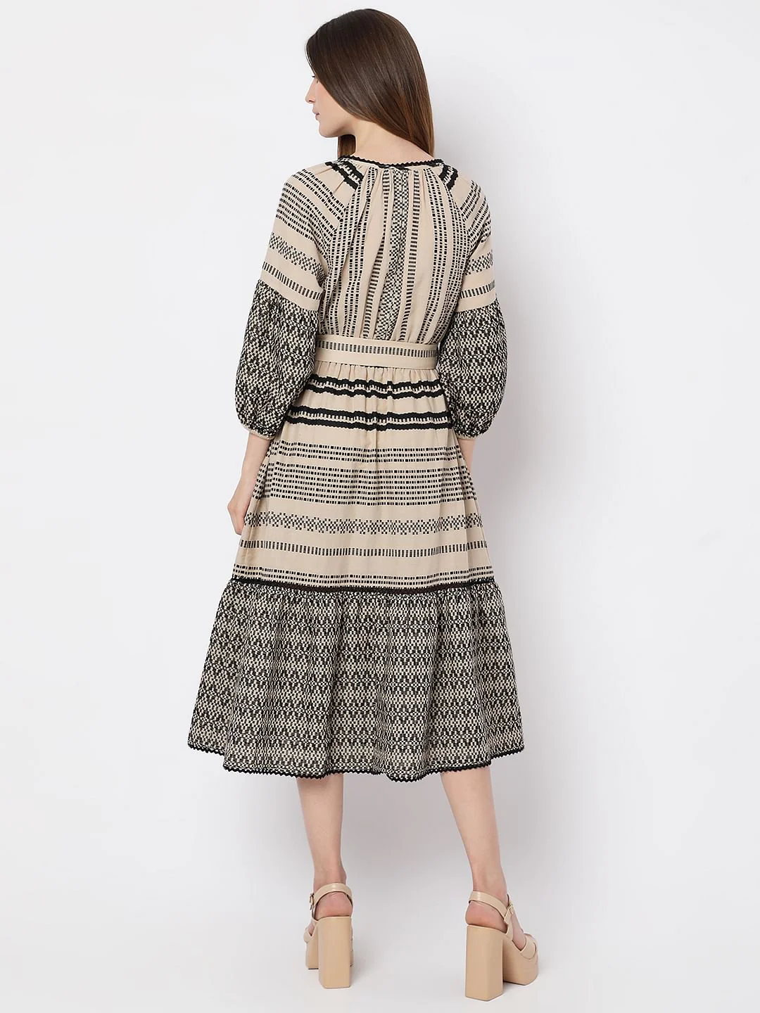 Beige Printed Cotton Midi Dress - Image 4