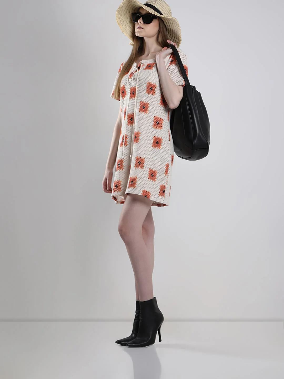 Beige Printed Crochet Dress