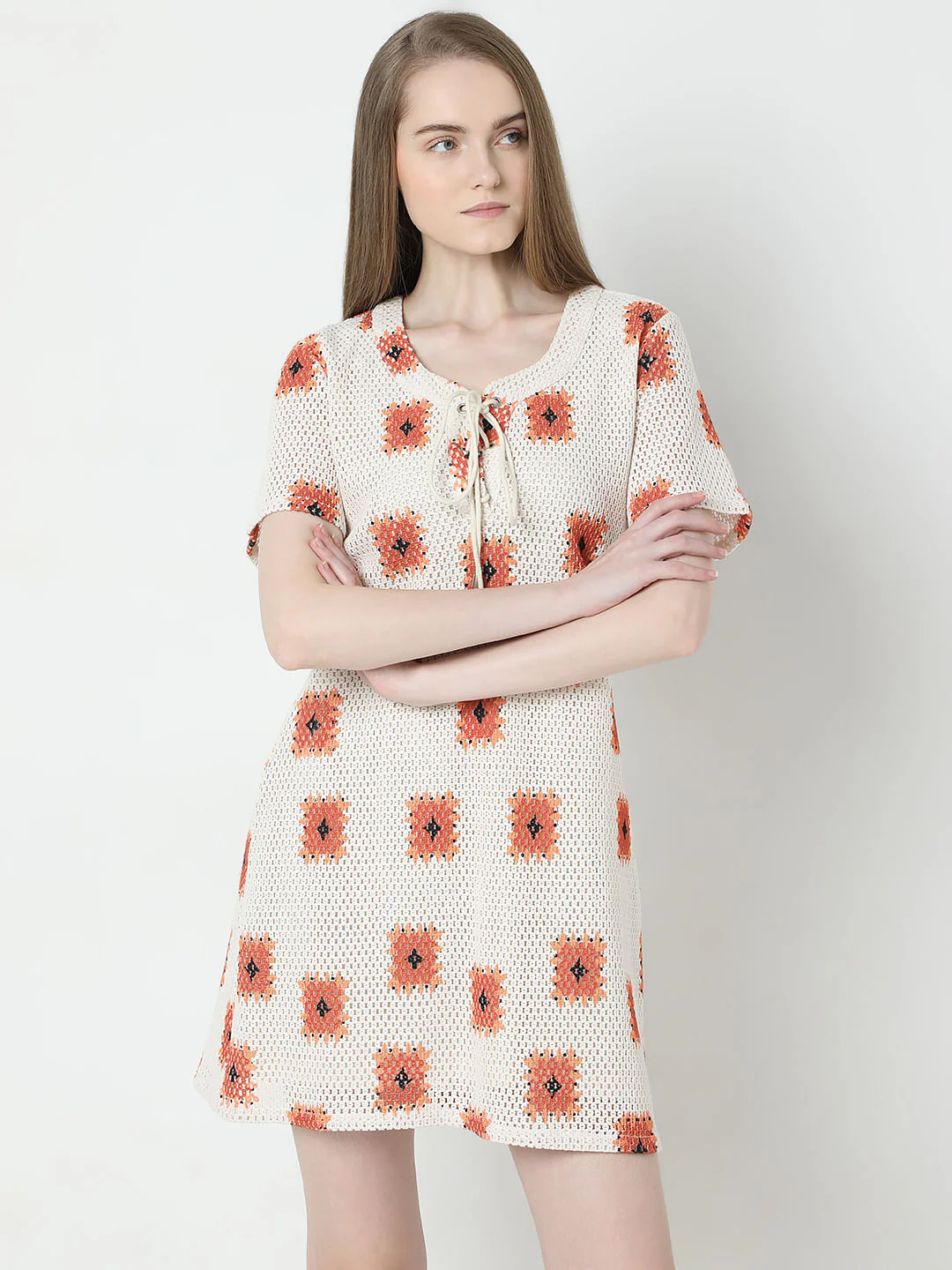 Beige Printed Crochet Dress - Image 2
