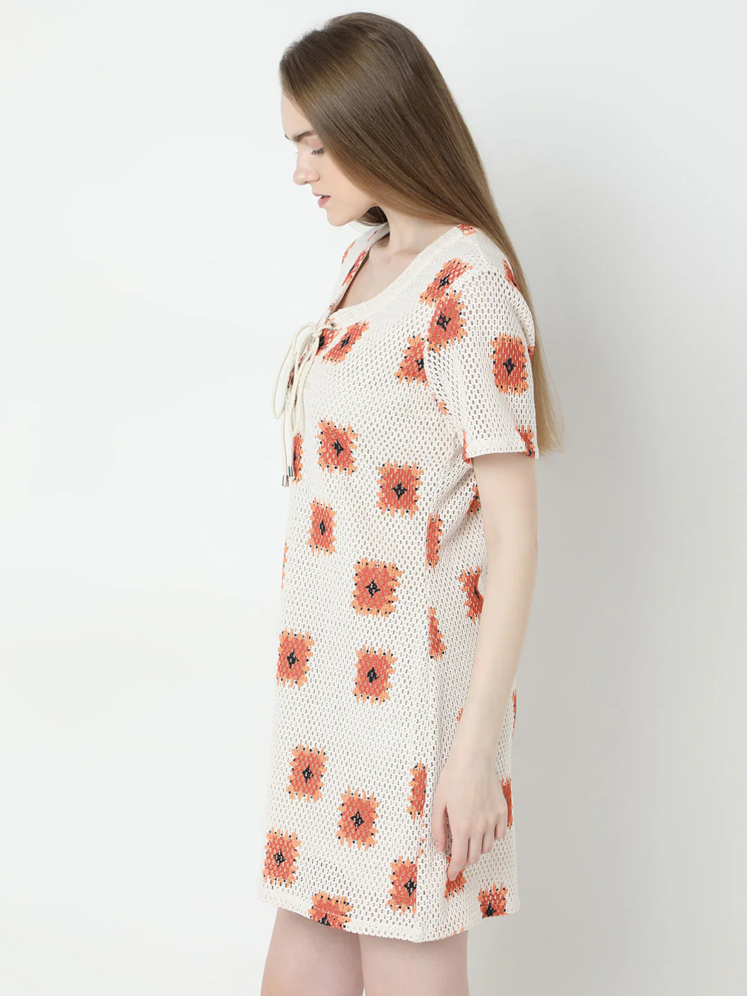 Beige Printed Crochet Dress - Image 3
