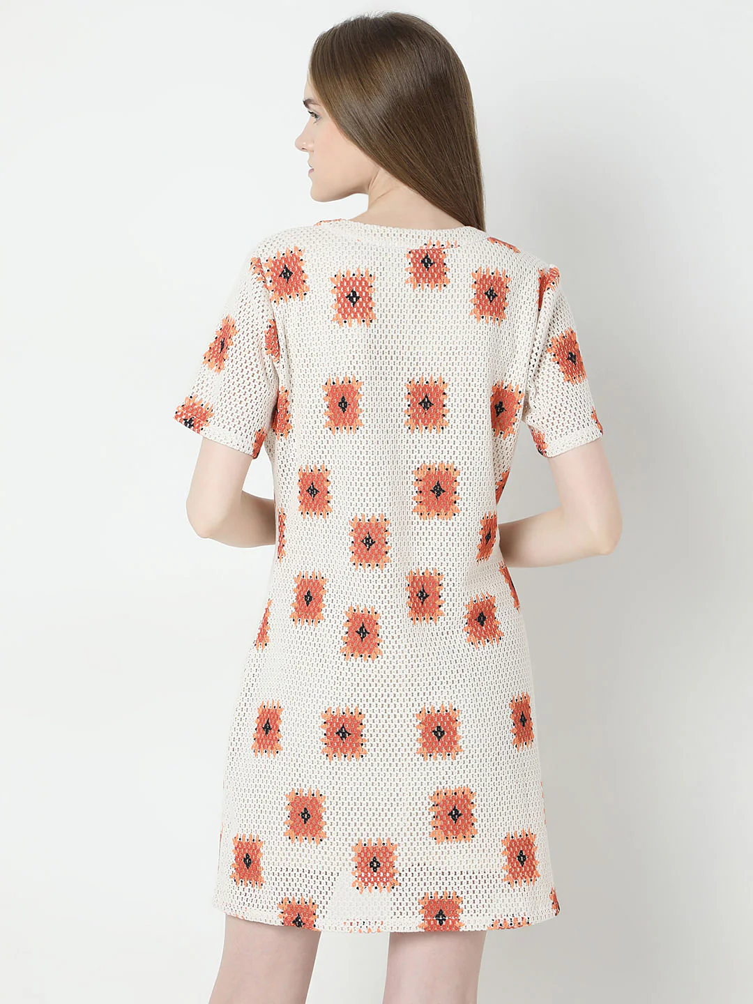 Beige Printed Crochet Dress - Image 4