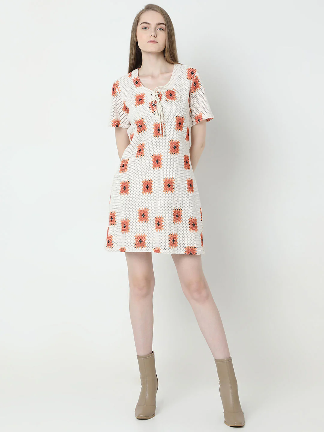 Beige Printed Crochet Dress - Image 5