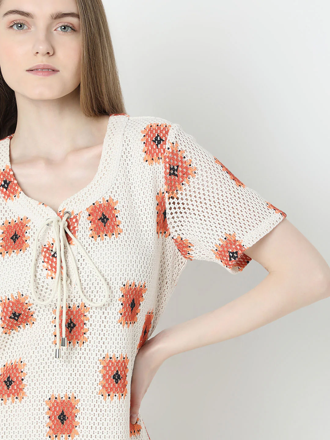 Beige Printed Crochet Dress - Image 6