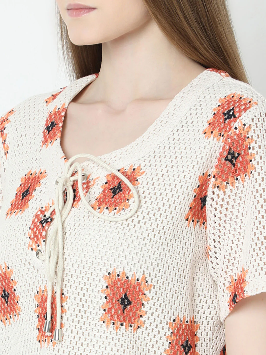 Beige Printed Crochet Dress - Image 8