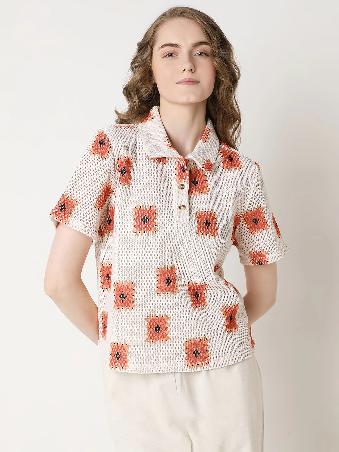 Beige Printed Crochet Polo - Image 2