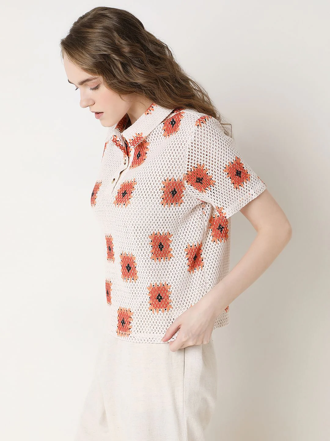 Beige Printed Crochet Polo - Image 3