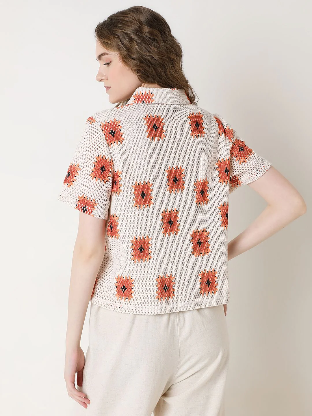 Beige Printed Crochet Polo - Image 4