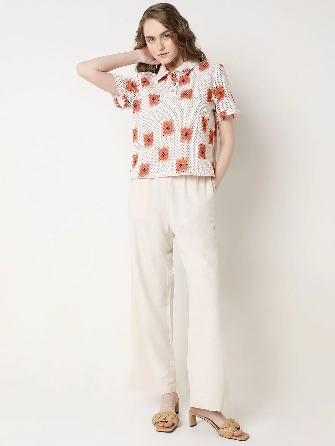 Beige Printed Crochet Polo - Image 5