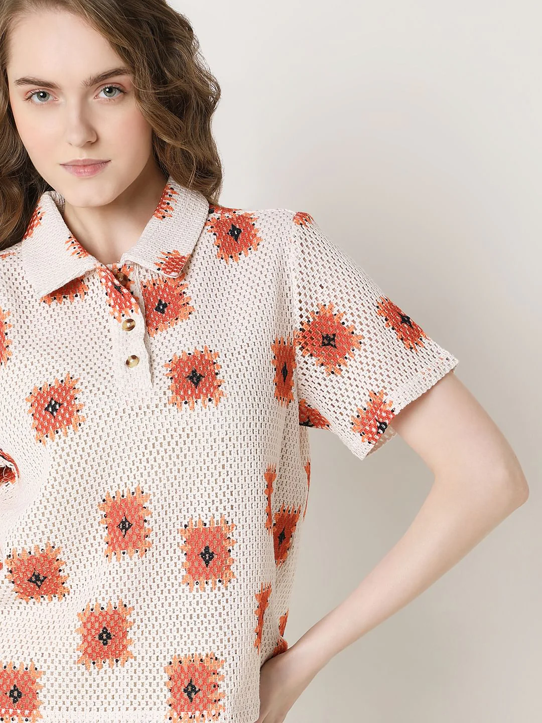 Beige Printed Crochet Polo - Image 6