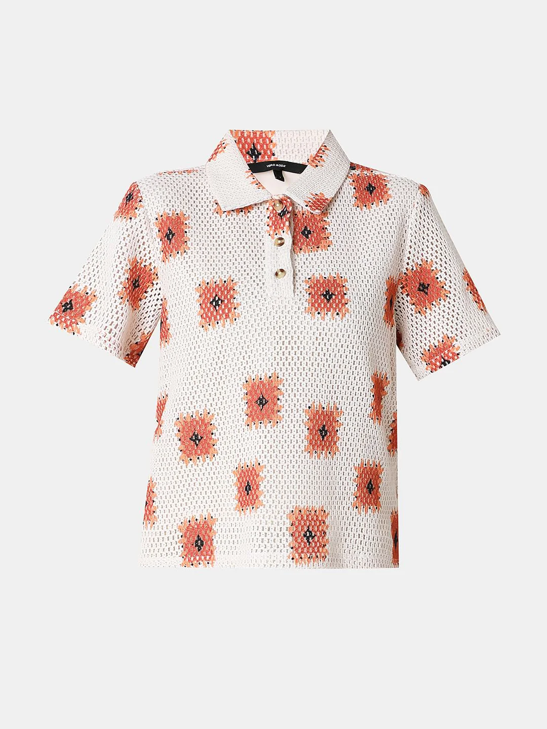 Beige Printed Crochet Polo - Image 7