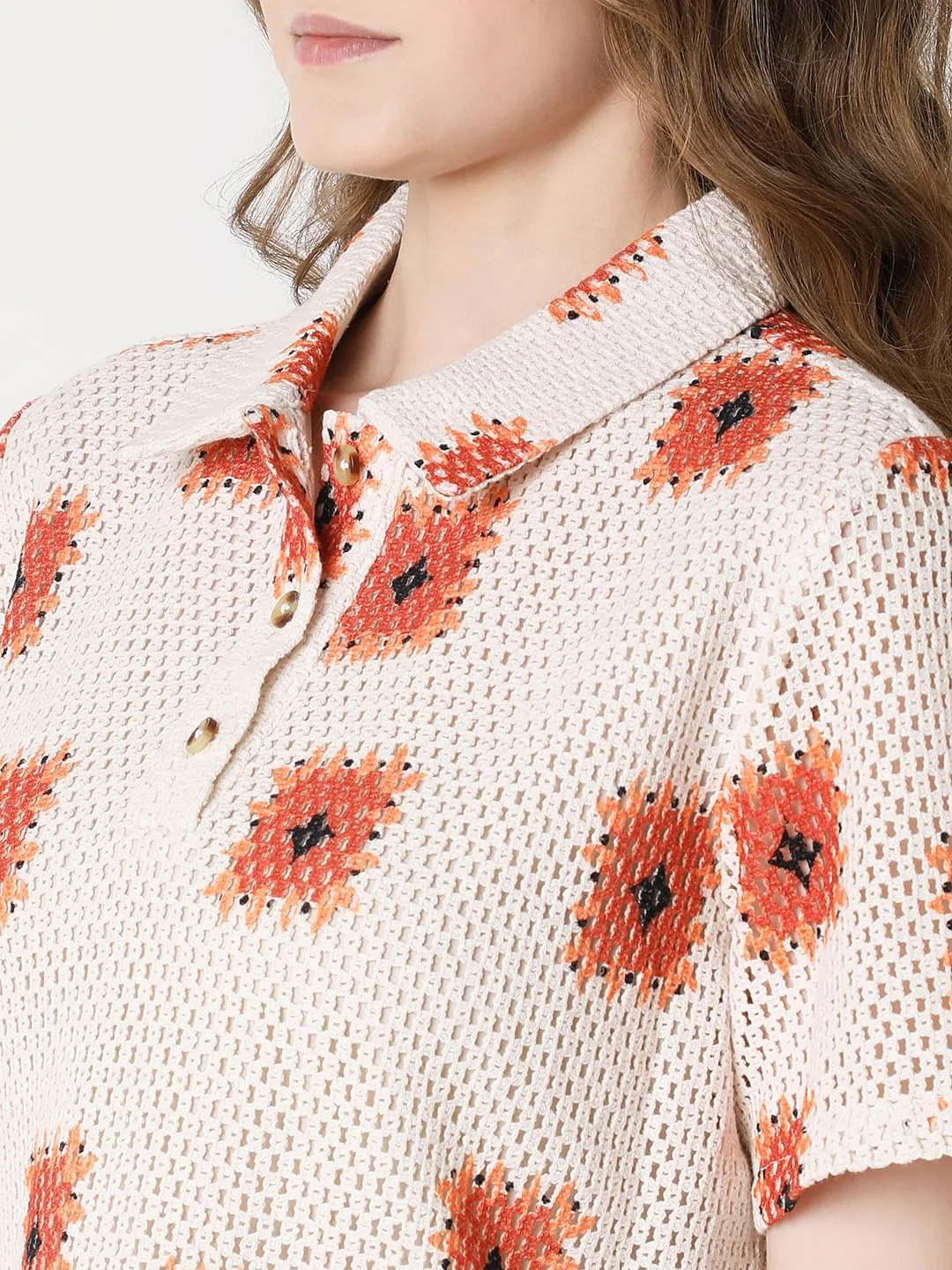 Beige Printed Crochet Polo - Image 8