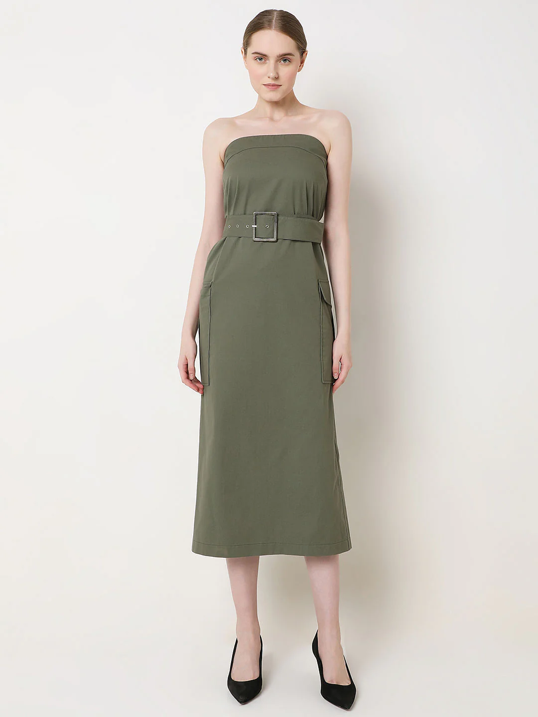 Olive Green Tube Midi Dress - Image 2