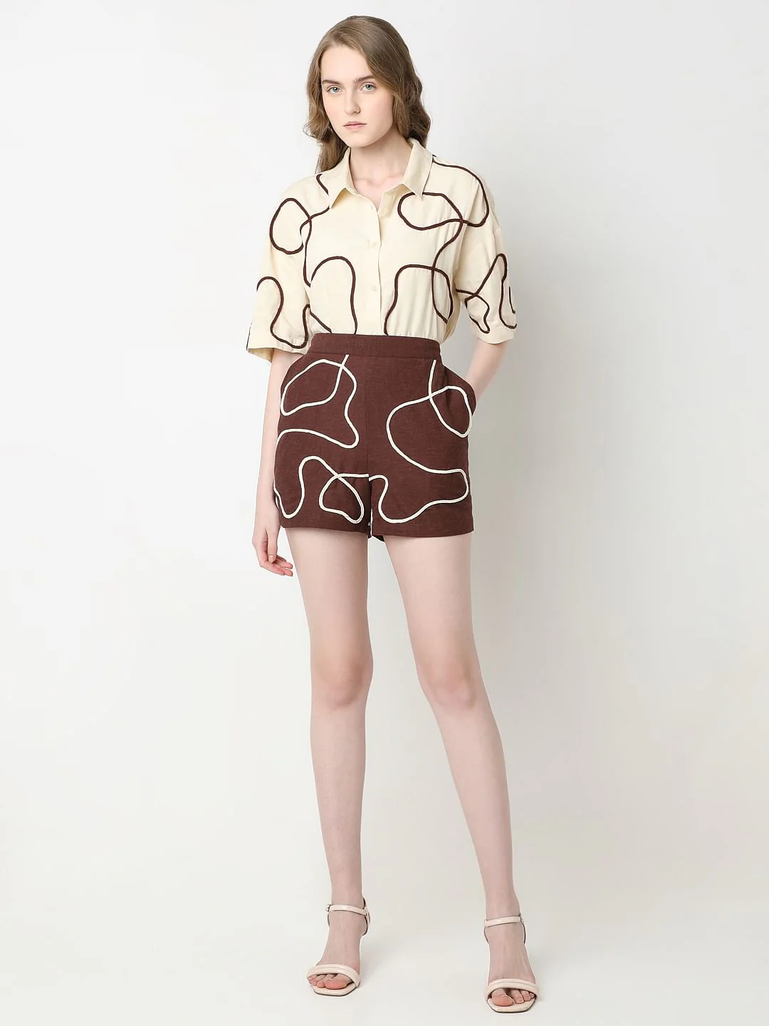Brown Abstract Print Co-Ord Set Shorts - Image 5