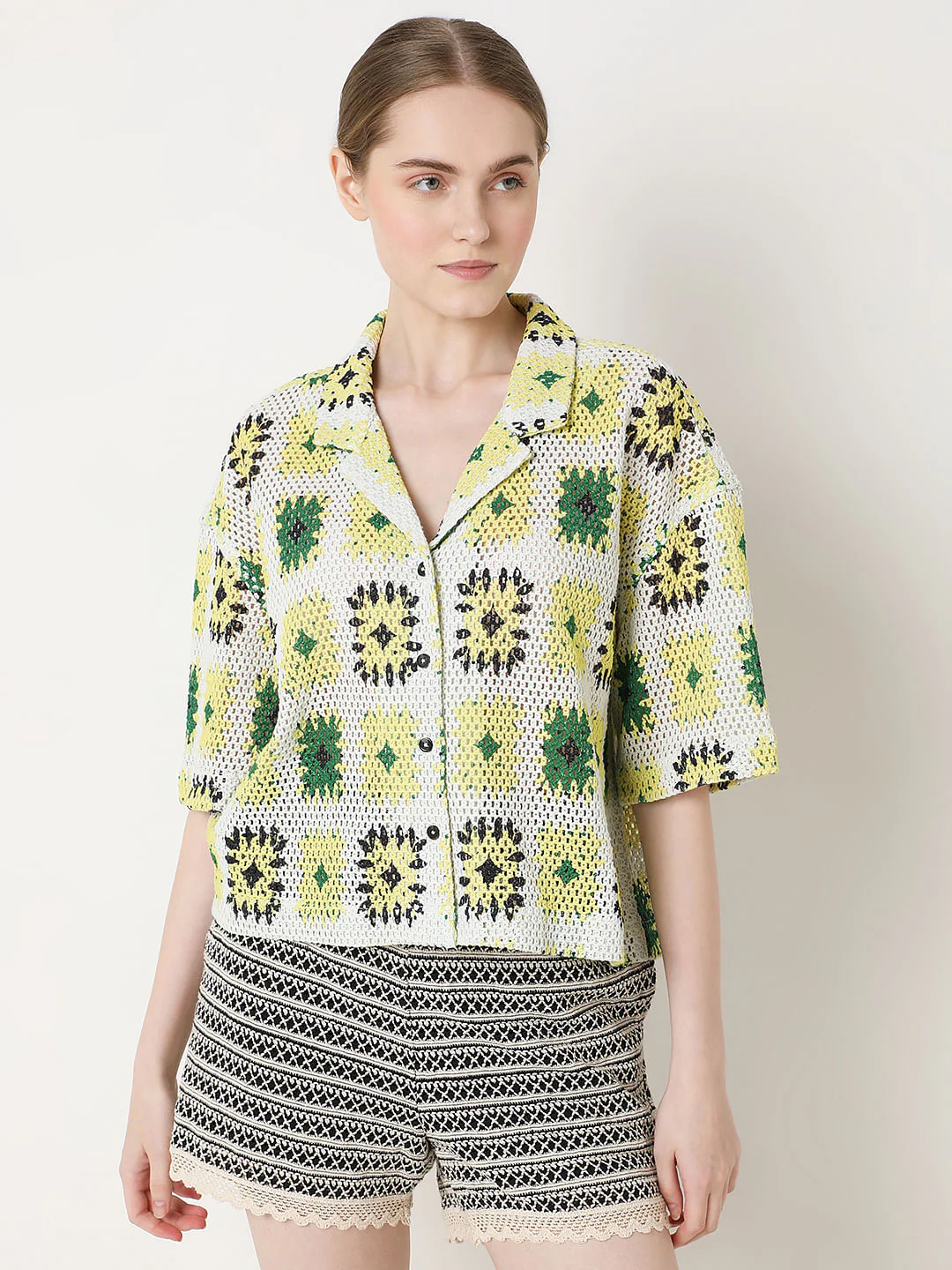 Beige Abstract Print Crochet Shirt - Image 2