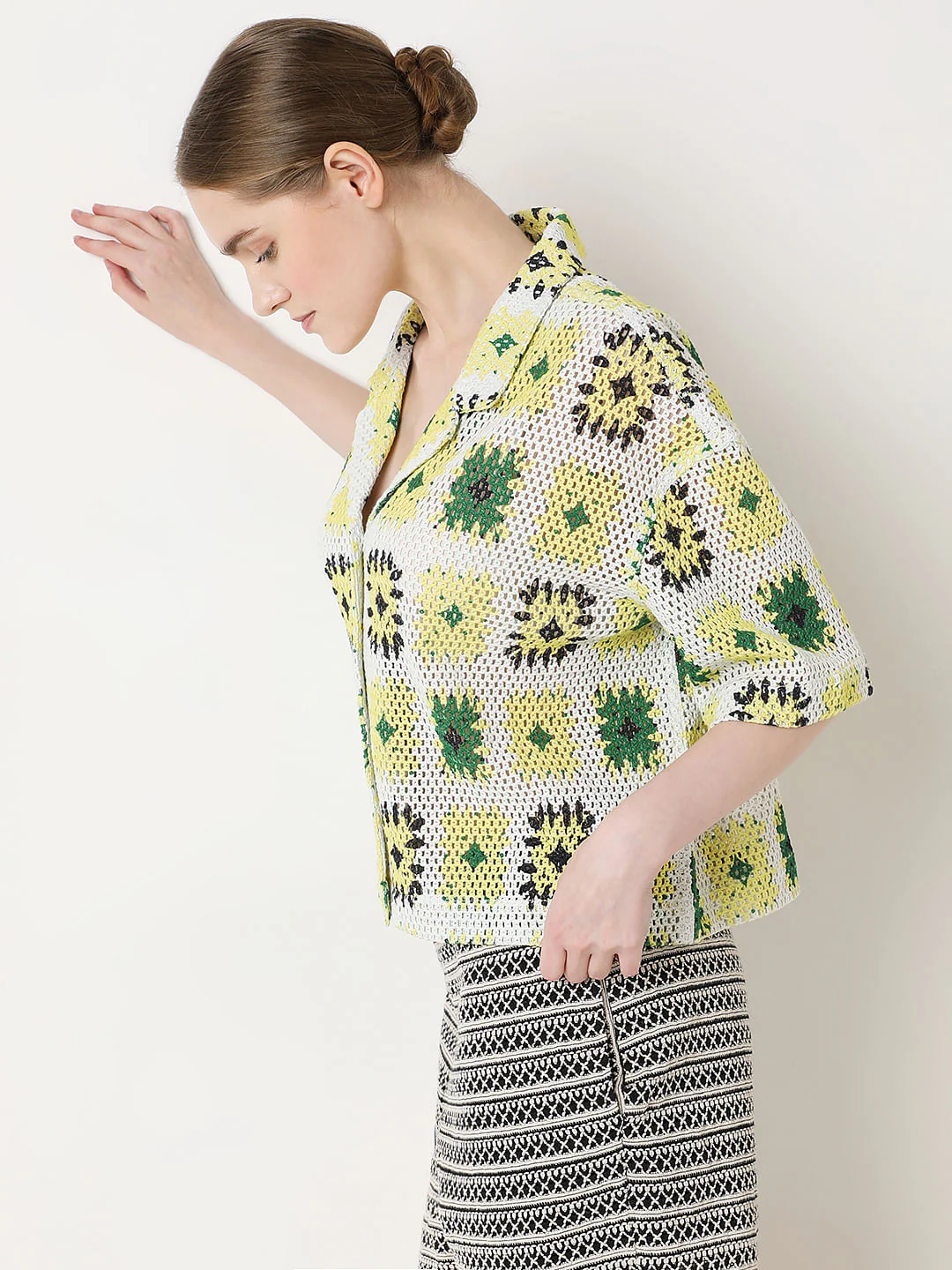 Beige Abstract Print Crochet Shirt - Image 3