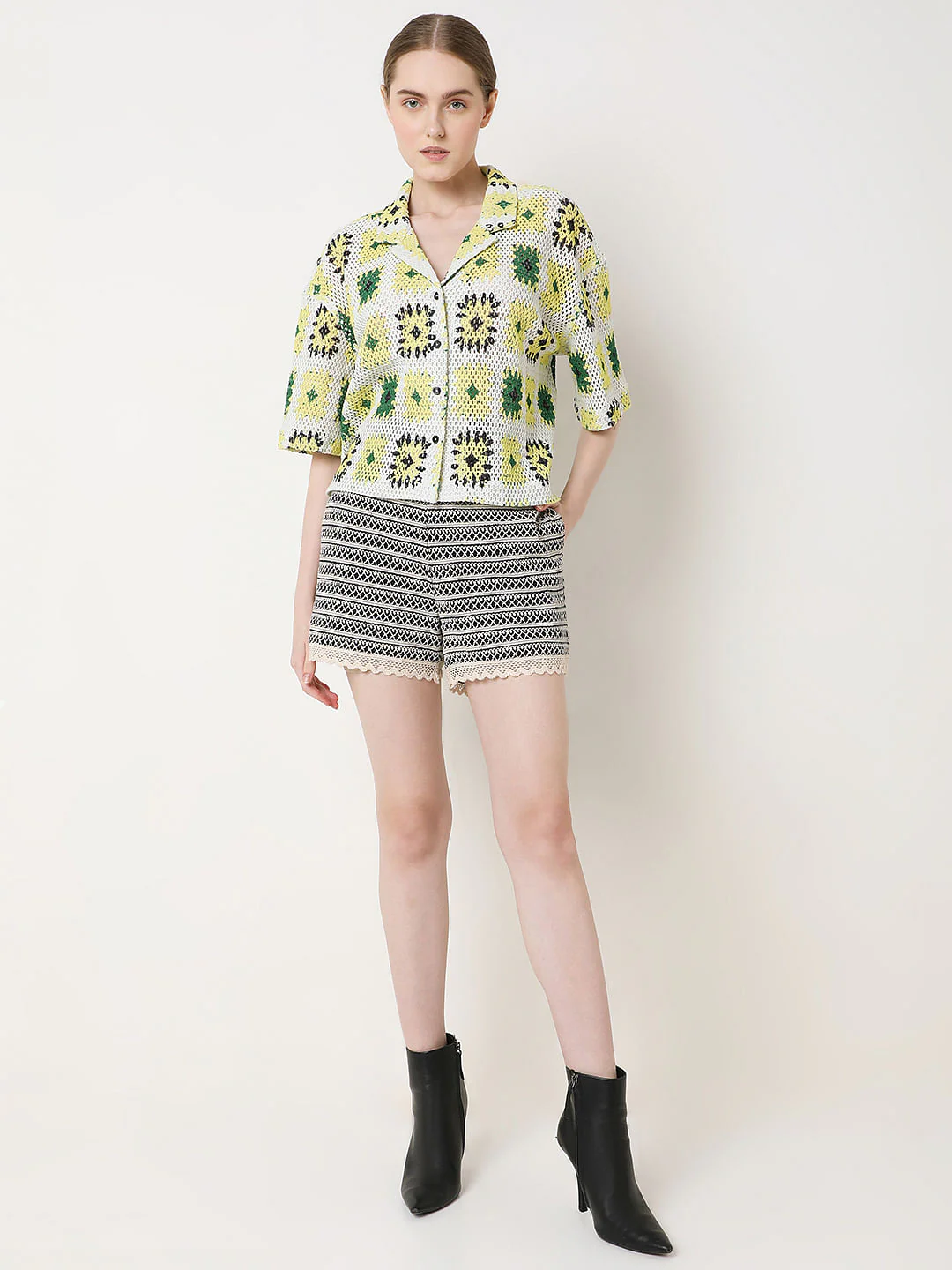 Beige Abstract Print Crochet Shirt - Image 5