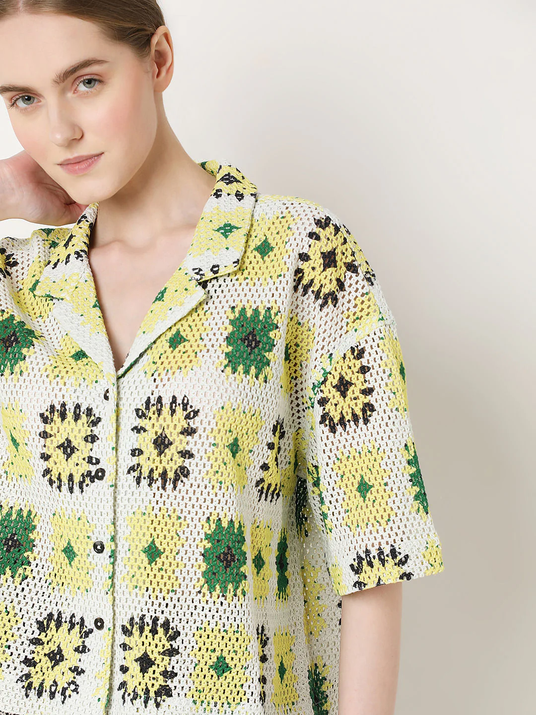 Beige Abstract Print Crochet Shirt - Image 6