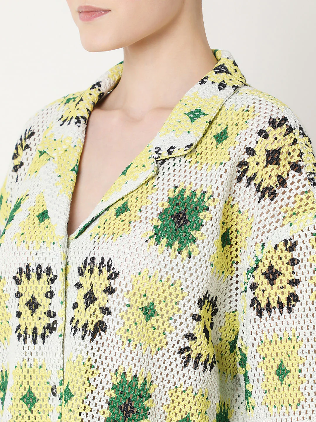 Beige Abstract Print Crochet Shirt - Image 8