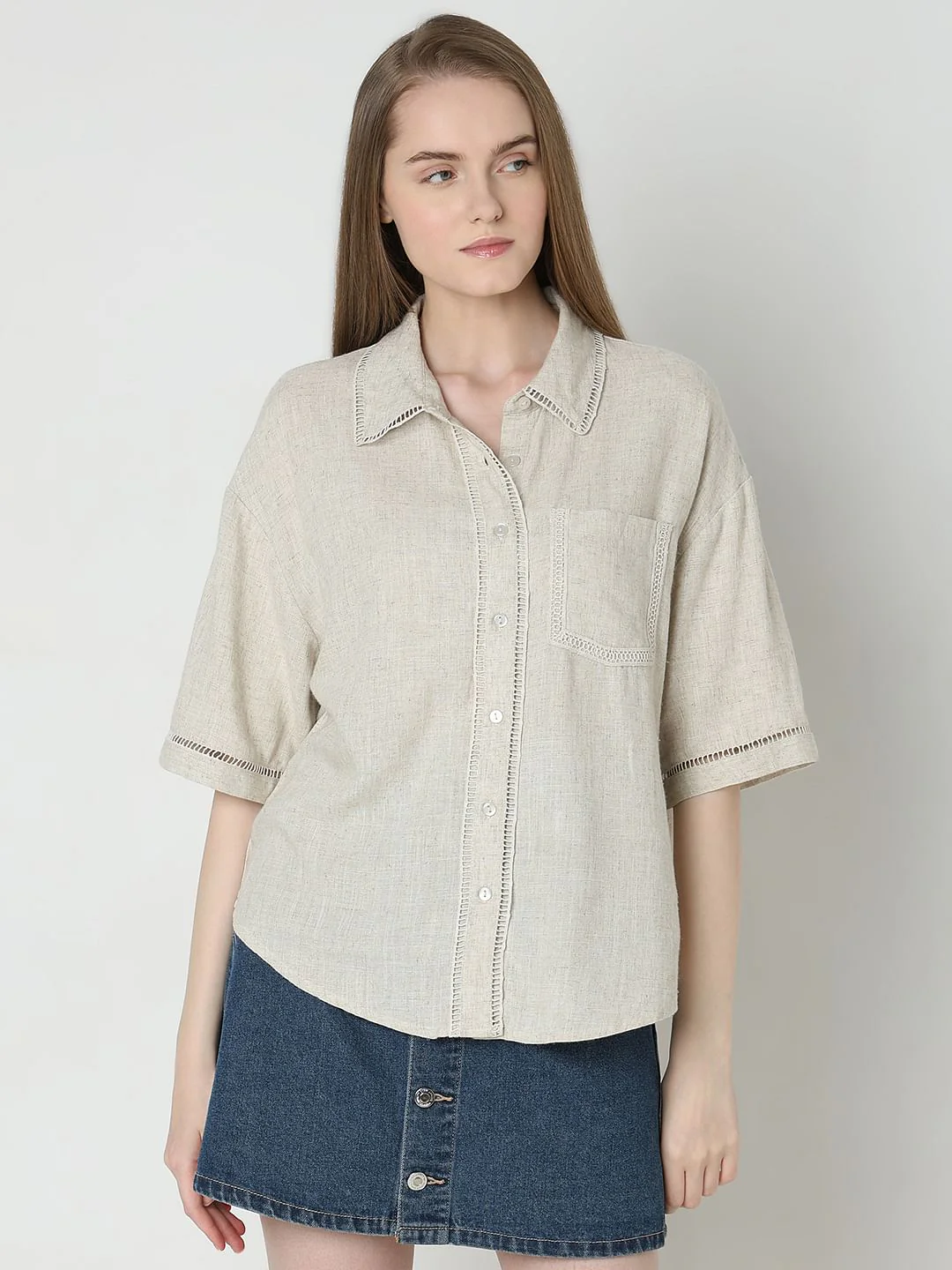 Dark Beige Drop Shoulder Shirt - Image 2