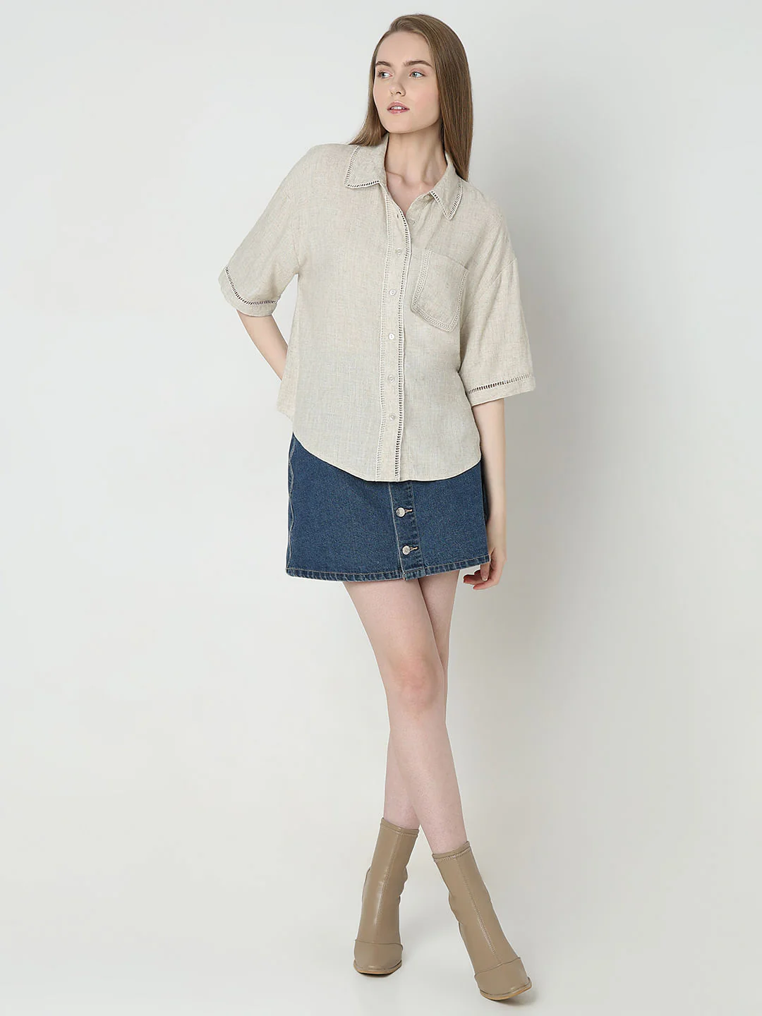 Dark Beige Drop Shoulder Shirt - Image 5
