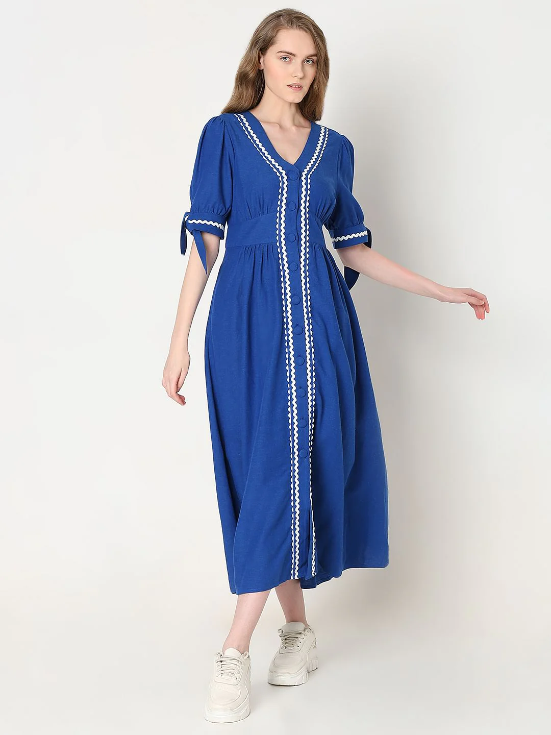 Blue Contrast Lace Detail Midi Dress - Image 2