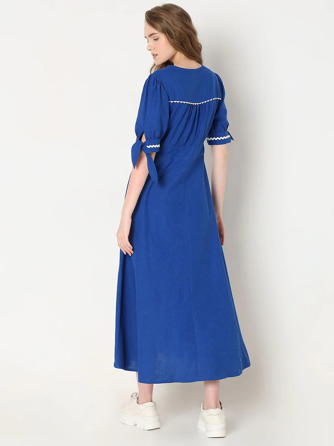 Blue Contrast Lace Detail Midi Dress - Image 4
