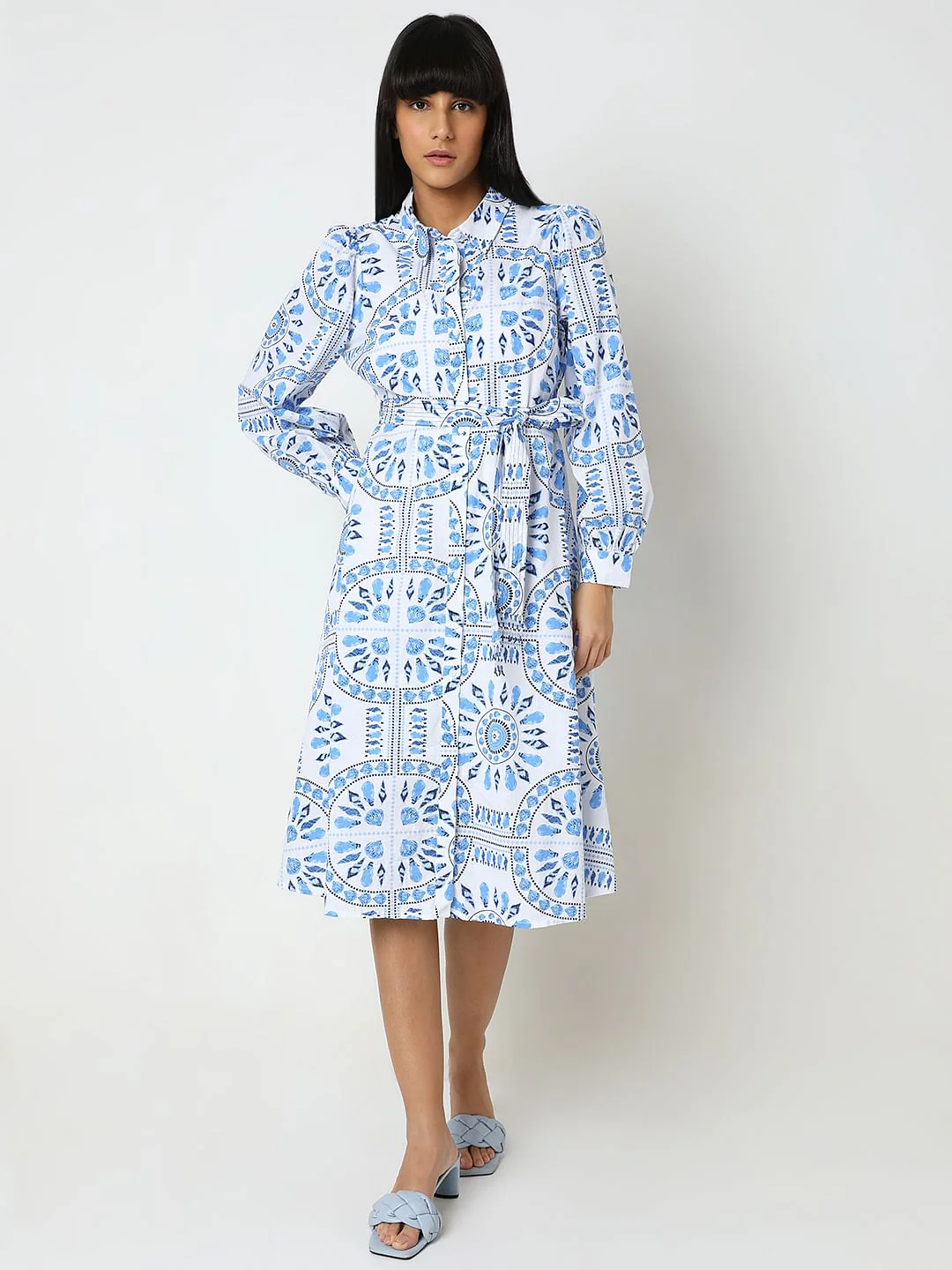 White & Blue Printed Shirt Dress - Image 2