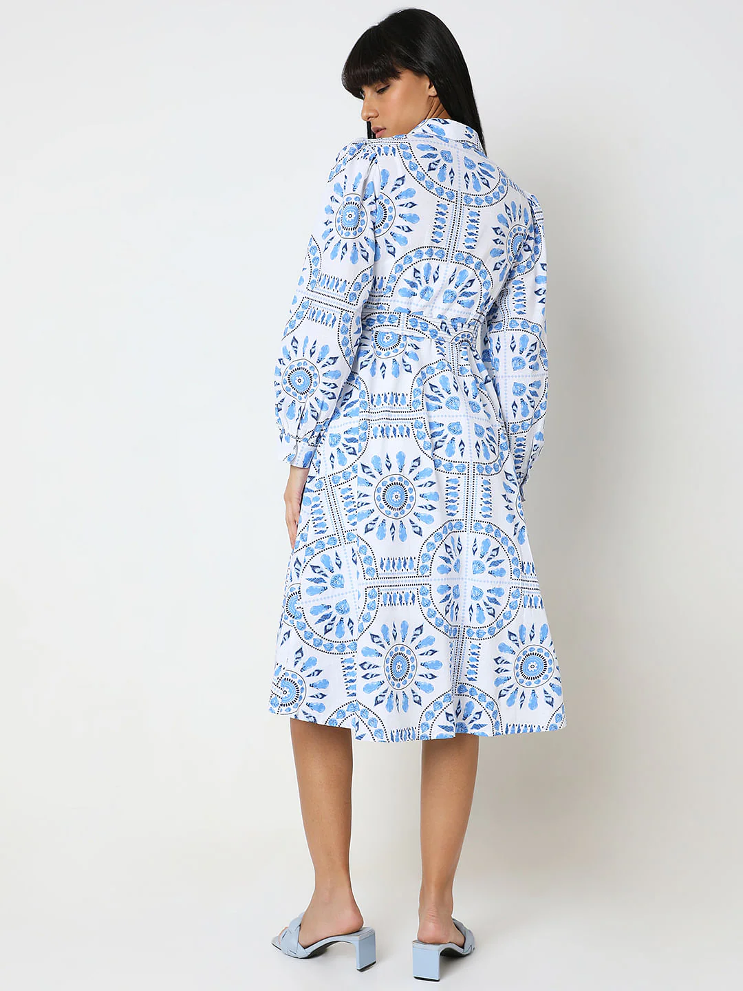 White & Blue Printed Shirt Dress - Image 3