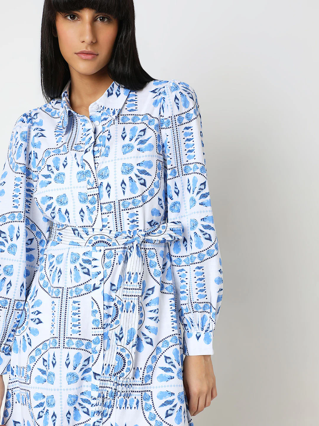 White & Blue Printed Shirt Dress - Image 4