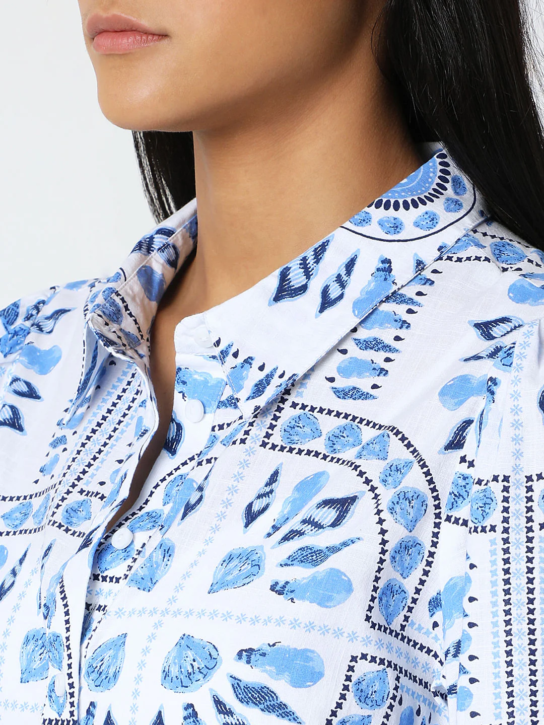 White & Blue Printed Shirt Dress - Image 5