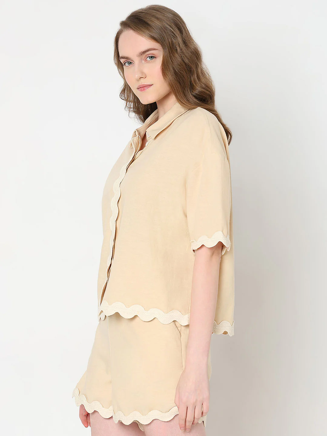 Beige Swirl Hemline Co-Ord Set Shirt - Image 3