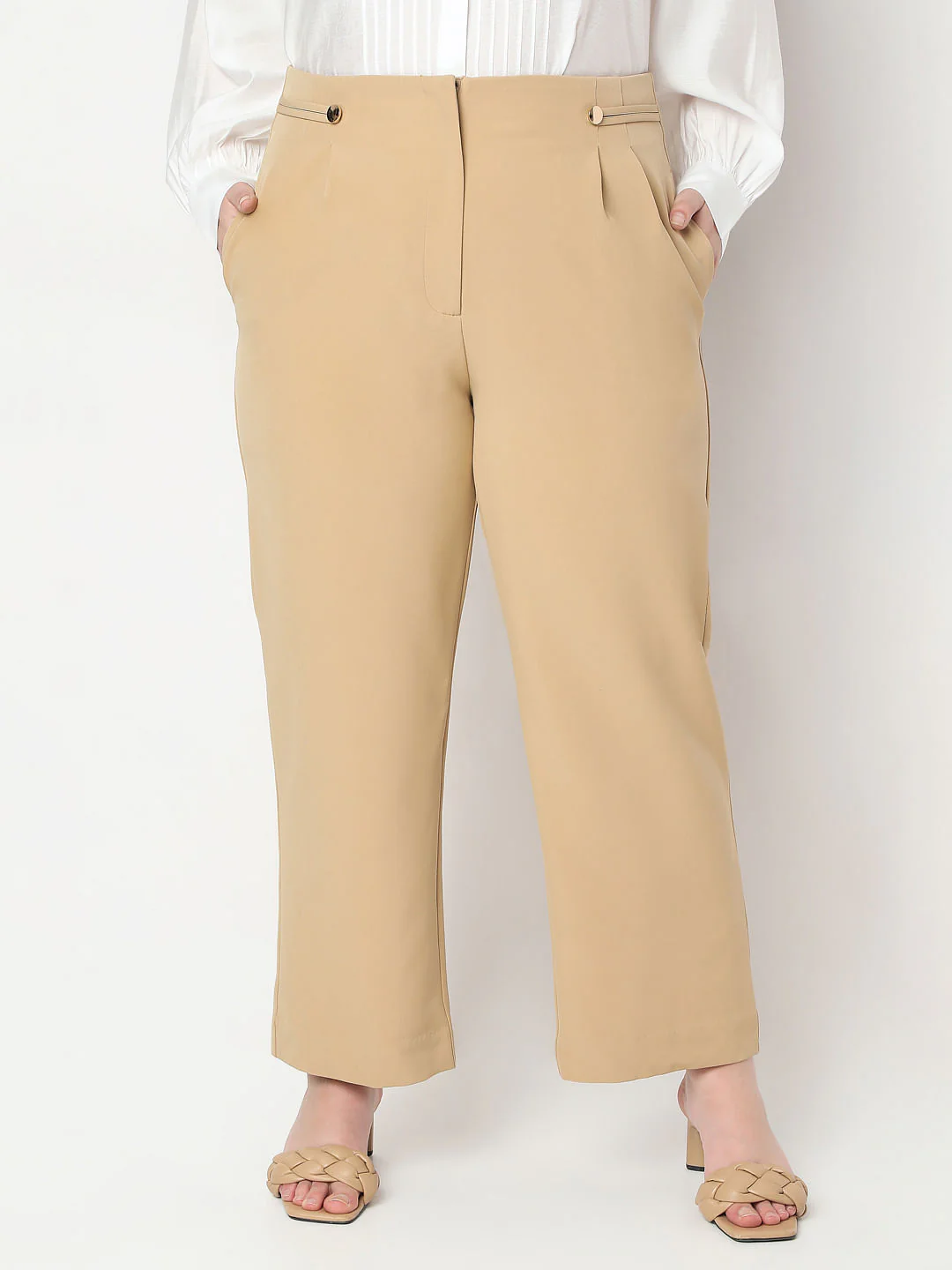 Curve Beige High Rise Straight Fit Pants - Image 2