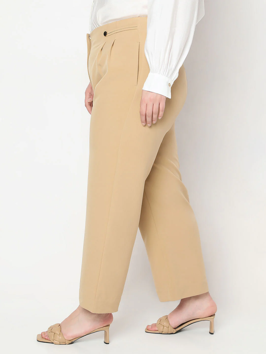 Curve Beige High Rise Straight Fit Pants - Image 3