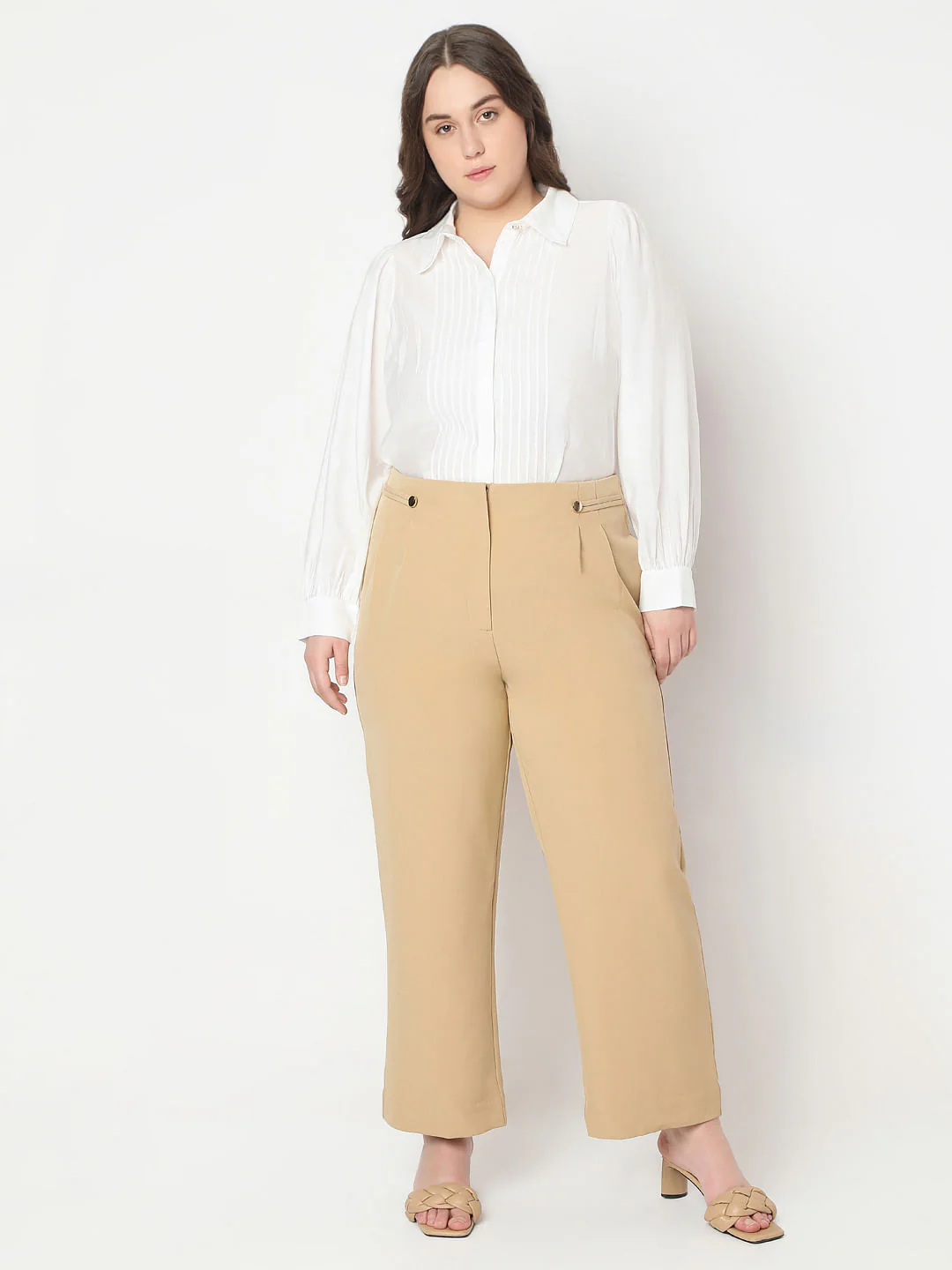 Curve Beige High Rise Straight Fit Pants - Image 5