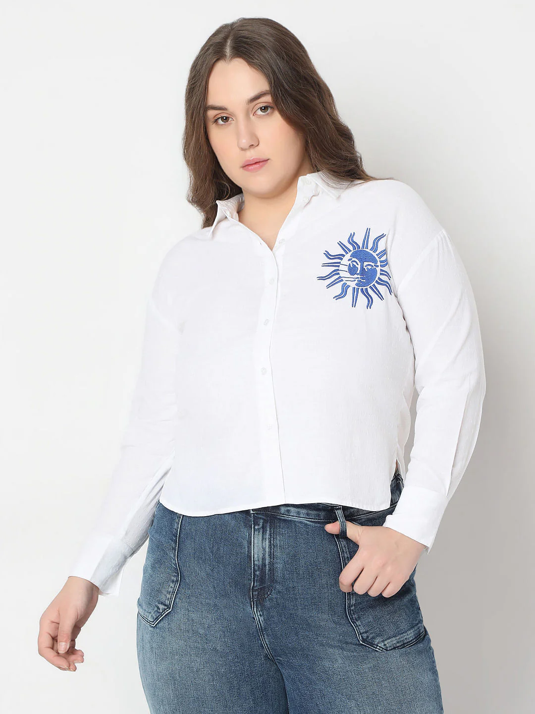 Curve White Embroidered Print Cotton Shirt - Image 2