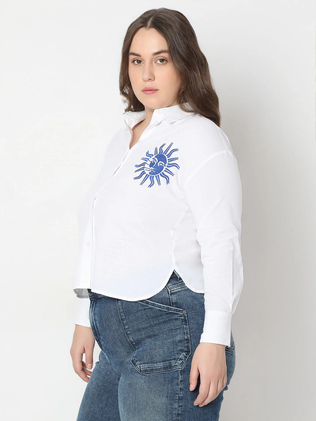 Curve White Embroidered Print Cotton Shirt - Image 3