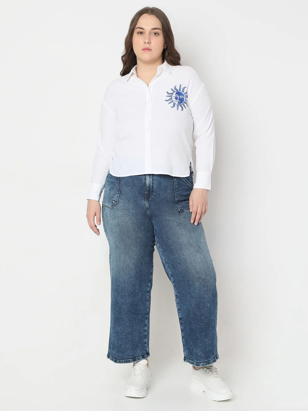 Curve White Embroidered Print Cotton Shirt - Image 5