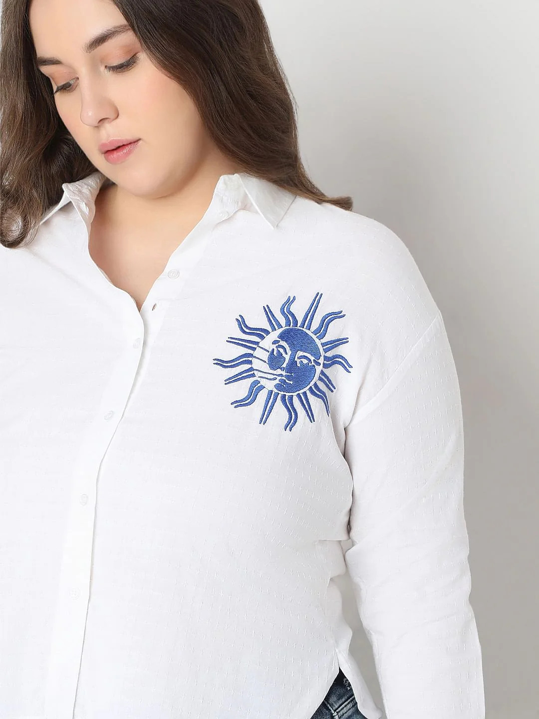 Curve White Embroidered Print Cotton Shirt - Image 6
