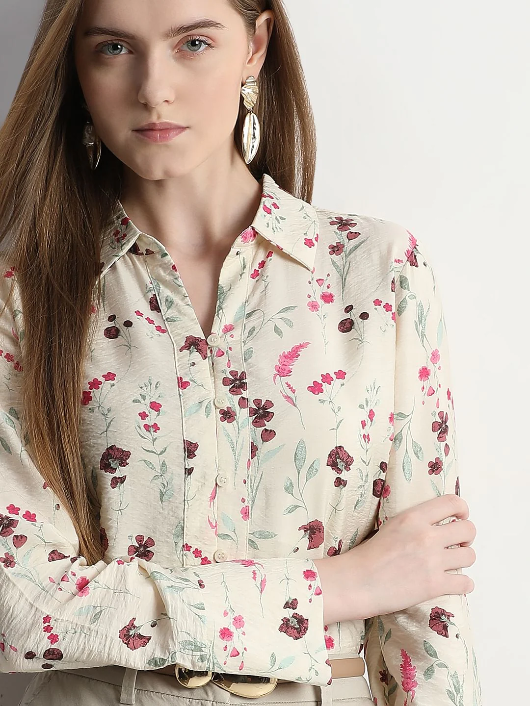 Beige Floral Print Shirt