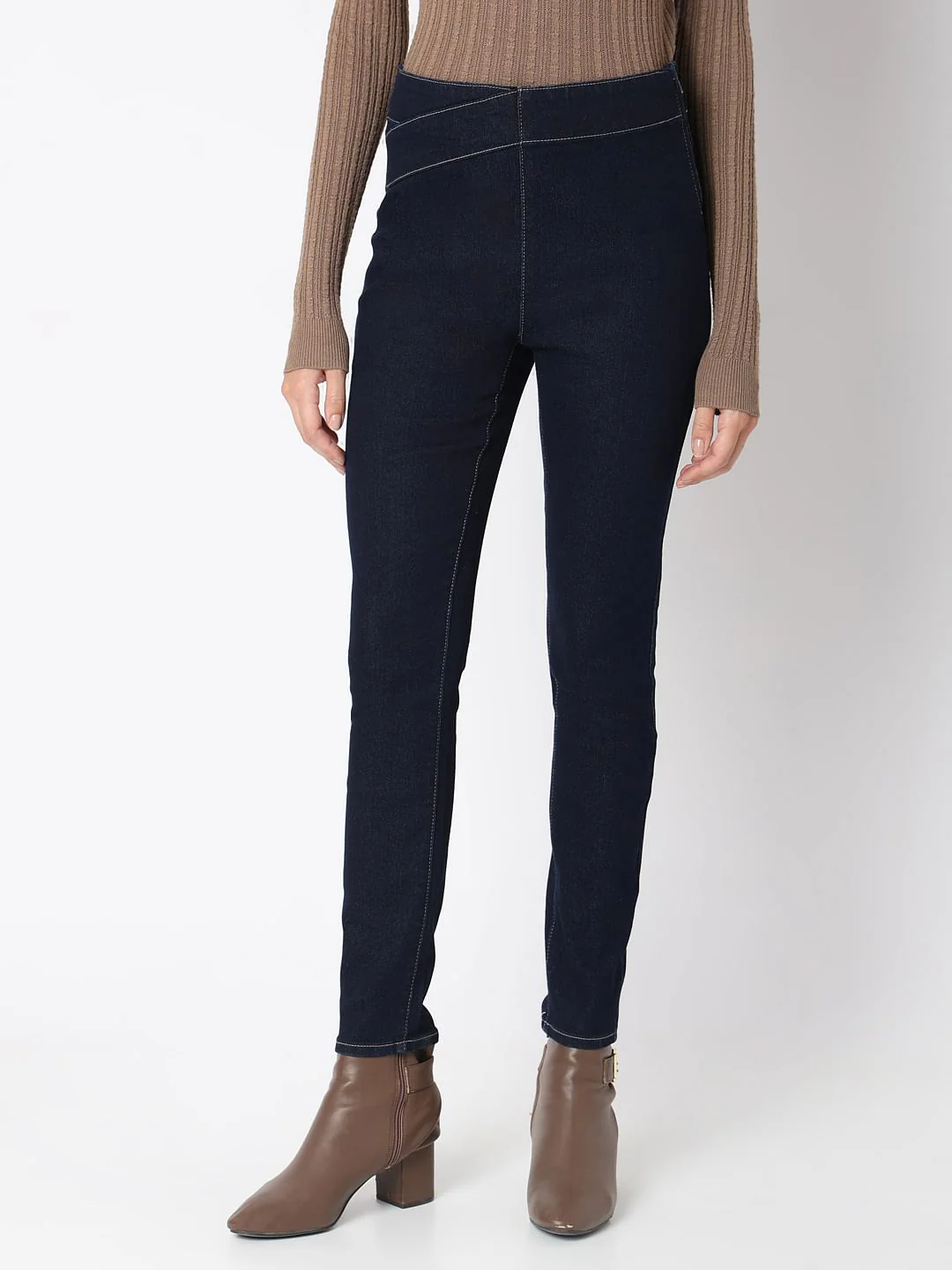 Dark Blue Cross Waist Skinny Jeans - Image 2