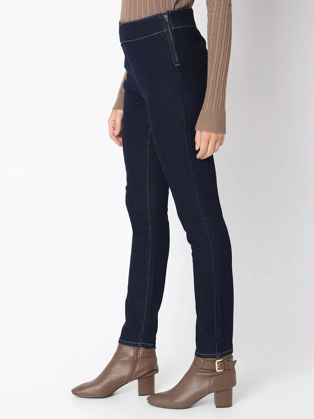 Dark Blue Cross Waist Skinny Jeans - Image 3
