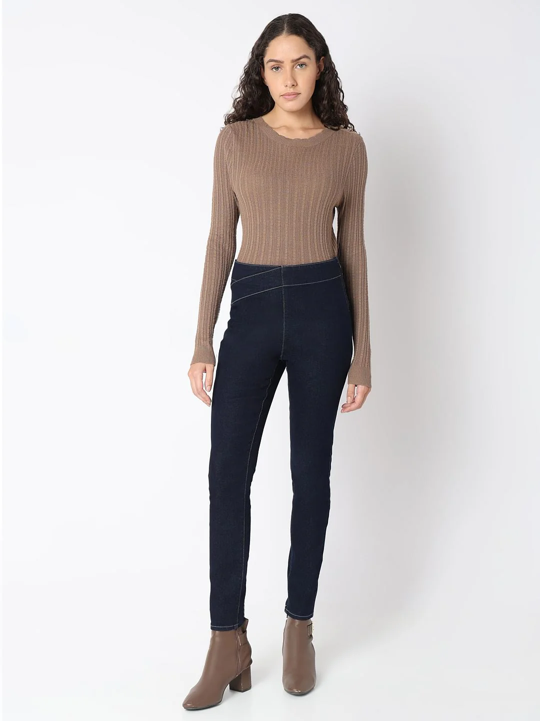 Dark Blue Cross Waist Skinny Jeans - Image 5