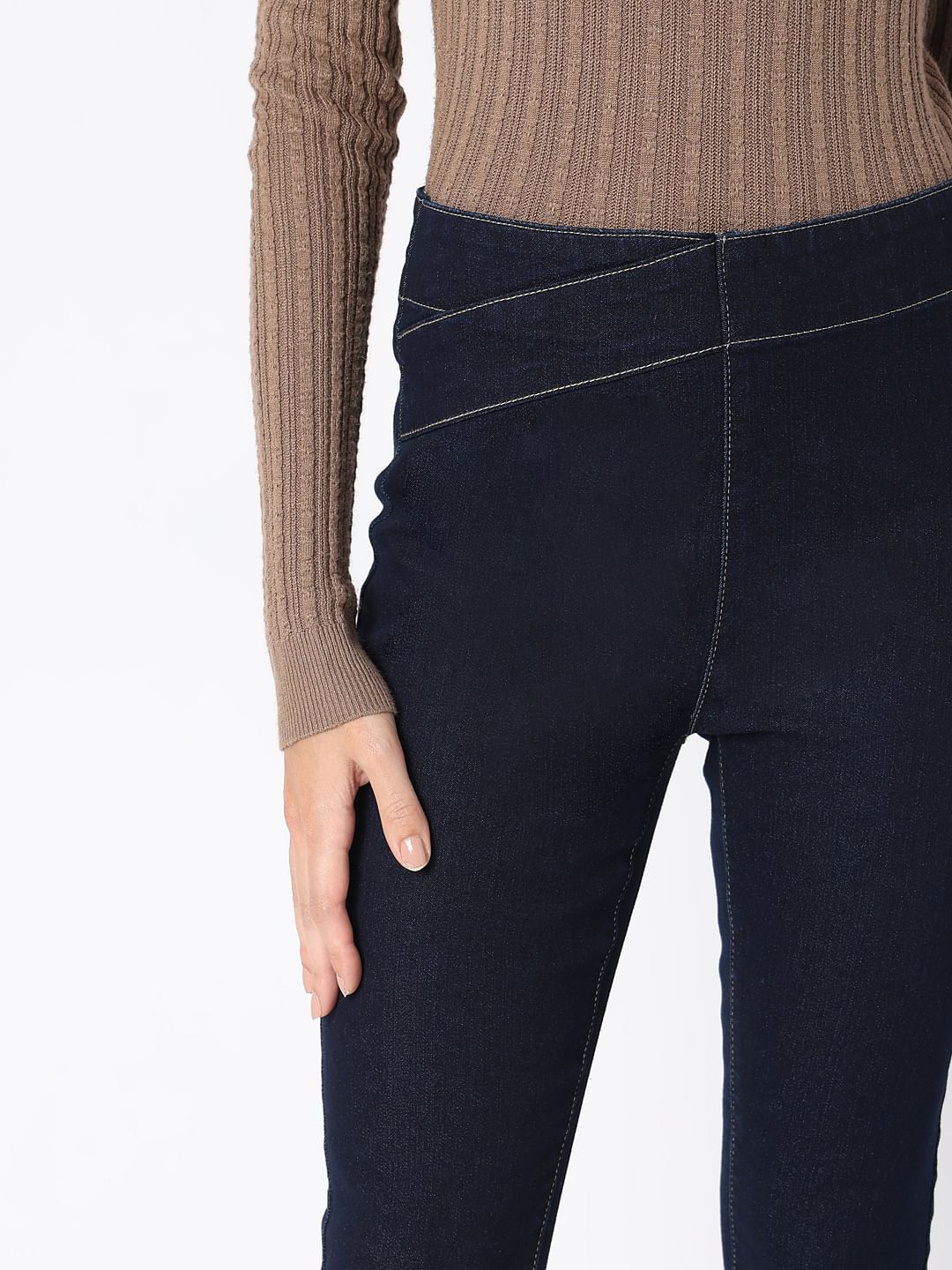 Dark Blue Cross Waist Skinny Jeans - Image 6