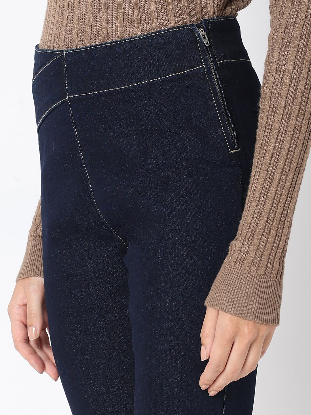 Dark Blue Cross Waist Skinny Jeans - Image 8