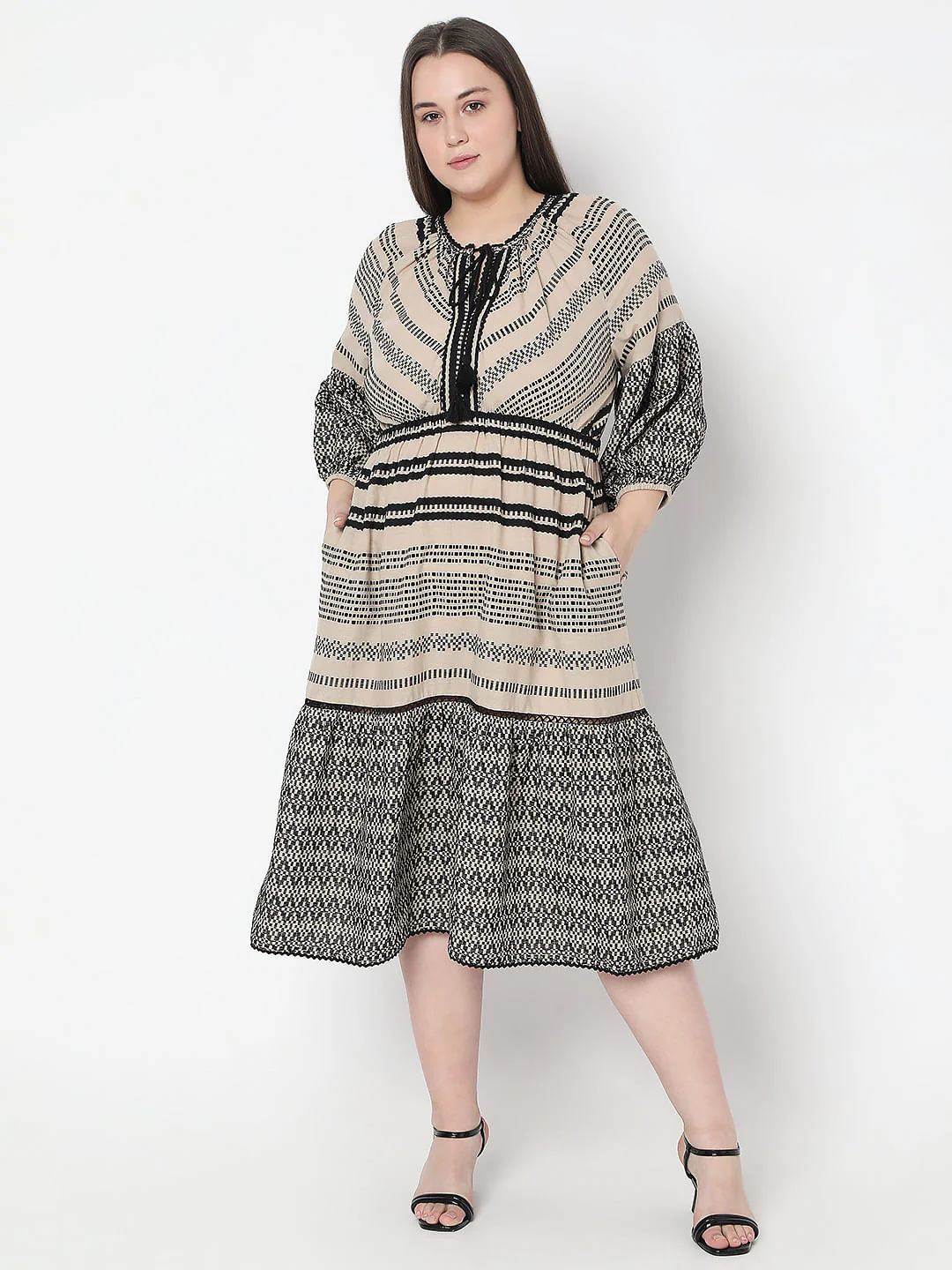 Curve Beige Printed Cotton Dress - Image 2