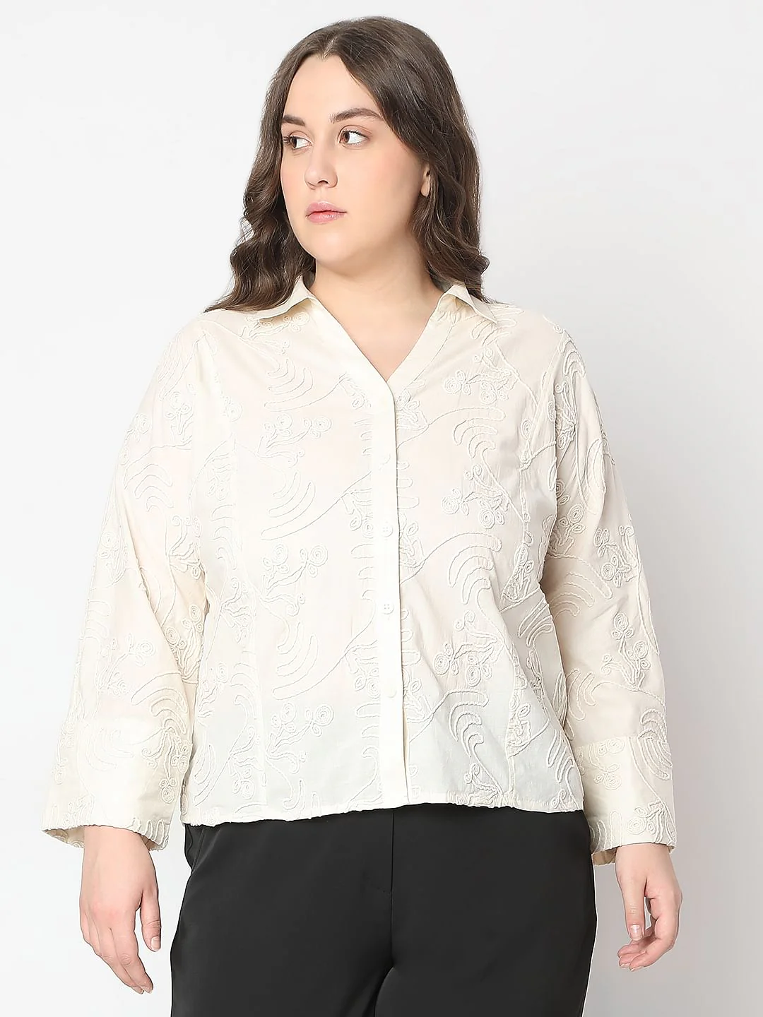 Curve Off-White Cording Detail Cotton Shirt - Image 2