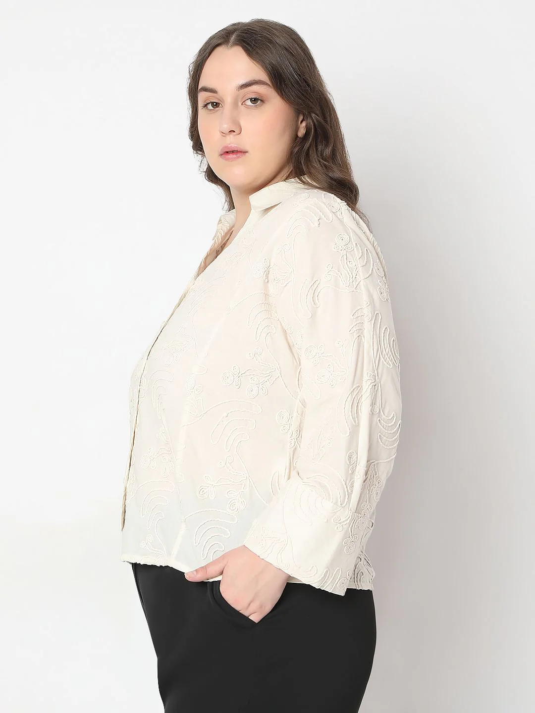Curve Off-White Cording Detail Cotton Shirt - Image 3